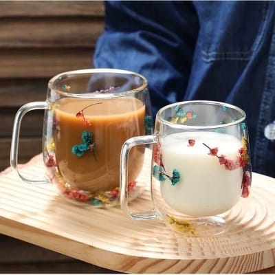 Picture of Double Wall Clear Glass Coffee Mugs with Real Dried Flowers - Assorted Floral Designs, Insulated Square Handle Tea Cups, 300ml, Perfect for Latte, Cappuccino, & Iced Drinks-Multicolor