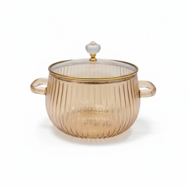 Picture of Premium Ribbed Borosilicate Glass Cooking Pot with Lid | Heat-Resistant Clear Cookware for Stovetop, Oven & Microwave Safe | Versatile Kitchen Soup Noodle Saucepan with Gold Accent Handles & Cover-Multicolor