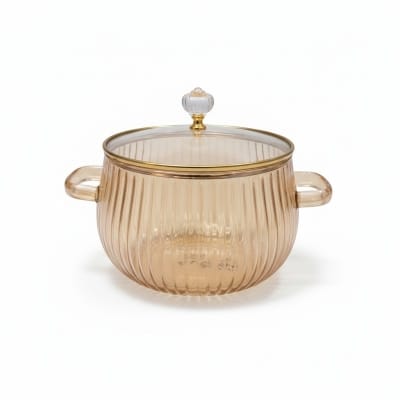 Picture of Premium Ribbed Borosilicate Glass Cooking Pot with Lid | Heat-Resistant Clear Cookware for Stovetop, Oven & Microwave Safe | Versatile Kitchen Soup Noodle Saucepan with Gold Accent Handles & Cover-Multicolor