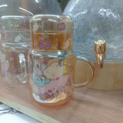 Picture of Lovely Bear Hug Clear Glass Bedside Night Water Carafe Set with Tumbler, Juice Milk Water Pitcher-Clear-26 OZ golden colour-Gold
