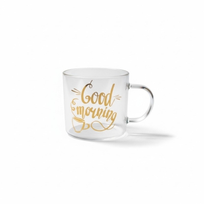 Picture of Clear Borosilicate Glass Coffee Mug with Gold Good Morning Print, Heat Resistant Transparent Tea Cup for Hot and Cold Beverages, Lightweight Fireproof Breakfast Tumbler for Home Kitchen Use.-Multicolor