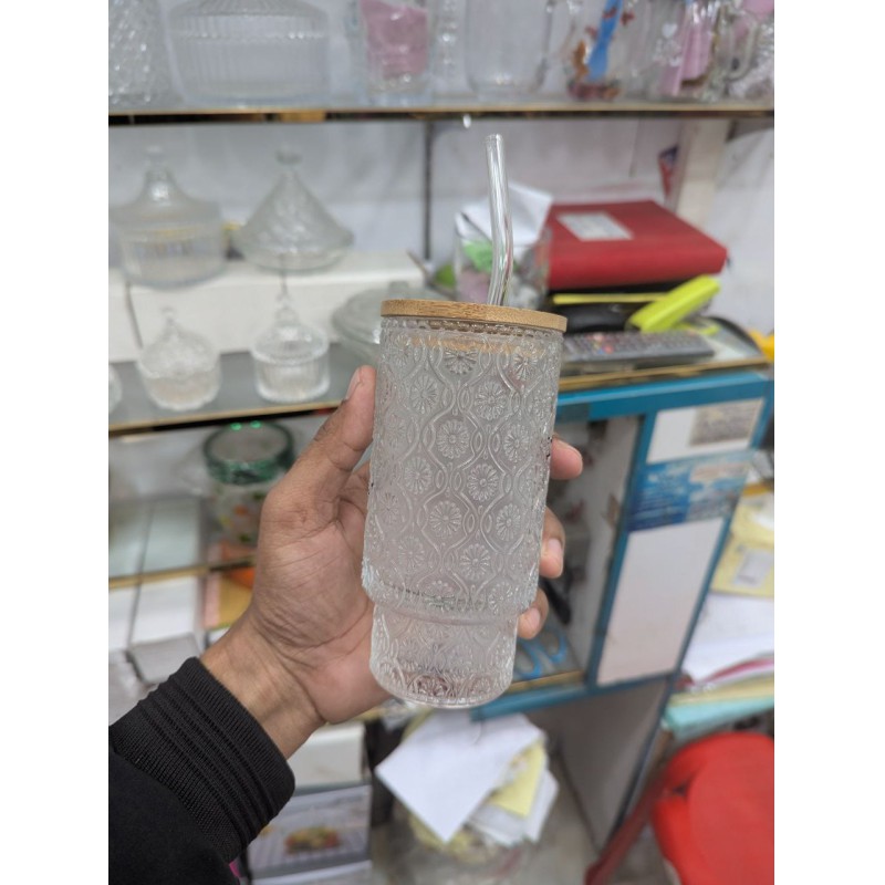 Picture of Premium Damask Embossed Clear Glass Tumbler with Eco-Friendly Bamboo Lid & Reusable Glass Straw for Iced Coffee, Juice, Smoothies, & Cold Beverages: Stylish BPA-Free 16oz Drinking Cup-Multicolor