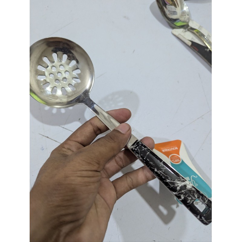Picture of Premium Yachule Stainless Steel Skimmer Spoon with Faux Marble Heat Resistant Handle for Fine Straining-Silver