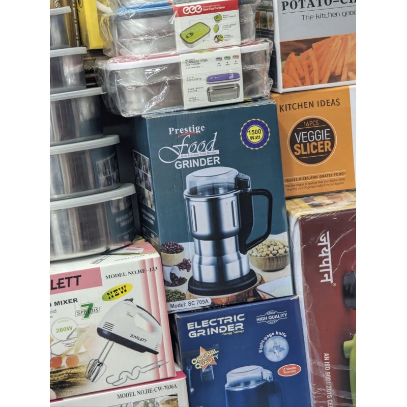 Picture of Prestige Food Multi Function Blender Grinder: Powerful 1500 Watt Stainless Steel Electric Coffee Bean Grinder Machine for Spices, Nuts, Grains, and Herbs | Compact Kitchen Appliance with Safety Lock and-Silver