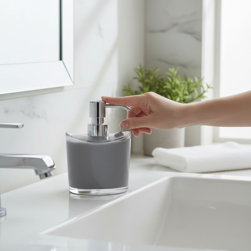 Picture of Premium multicolor manual soap dispenser made from durable acrylonitrile styrene plastic featuring a sleek chrome-finished pump and freestanding square design perfect for enhancing your modern bathroom vanity or kitchen sink countertop decor.-Multicolor