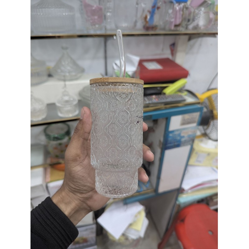Picture of Premium Damask Embossed Clear Glass Tumbler with Eco-Friendly Bamboo Lid & Reusable Glass Straw for Iced Coffee, Juice, Smoothies, & Cold Beverages: Stylish BPA-Free 16oz Drinking Cup-Multicolor
