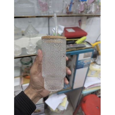 Picture of Premium Damask Embossed Clear Glass Tumbler with Eco-Friendly Bamboo Lid & Reusable Glass Straw for Iced Coffee, Juice, Smoothies, & Cold Beverages: Stylish BPA-Free 16oz Drinking Cup-Multicolor