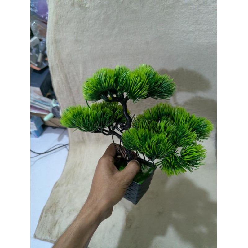 Picture of Artificial Bonsai Pine Tree in Black Decorative Pot – Realistic Faux Greenery for Home Office Desk Decor, Bookshelf, and Indoor Zen Aesthetic Styling-Green