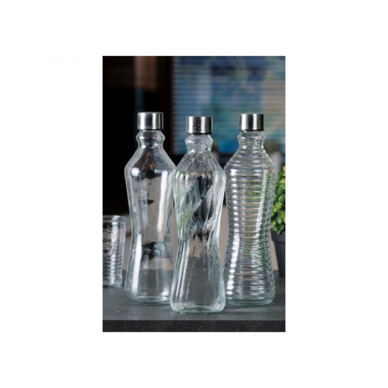 Picture of 1 Liter Reusable Water Bottle – Twisted Glass with Silver Toned Cap – Transparent Look – Round Closure – Durable & Leakproof – Great for Kitchen, Dining, Fridge or Office Use-Multicolor