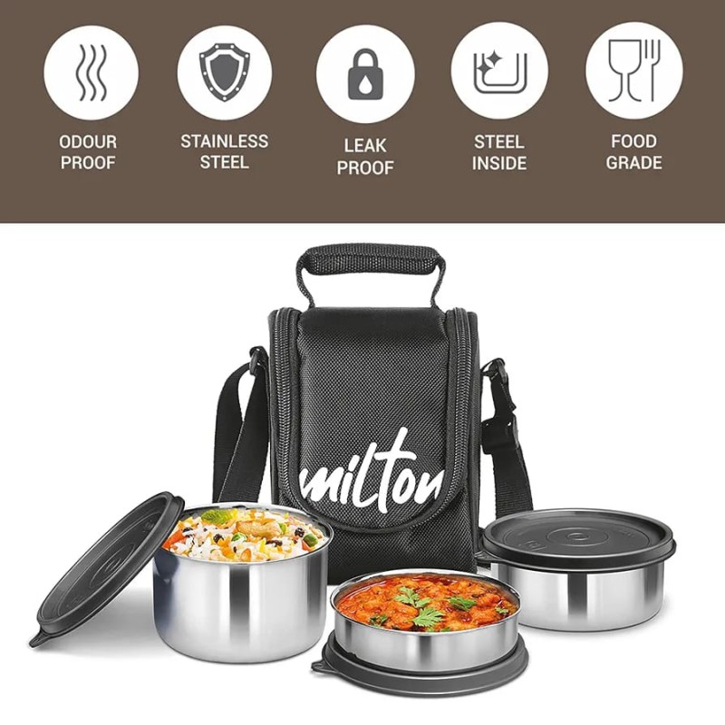 Picture of Milton Tasty 4 Stainless Steel Lunch Box with bag, black  3 in 1. 200,320 & 500 ml-Black