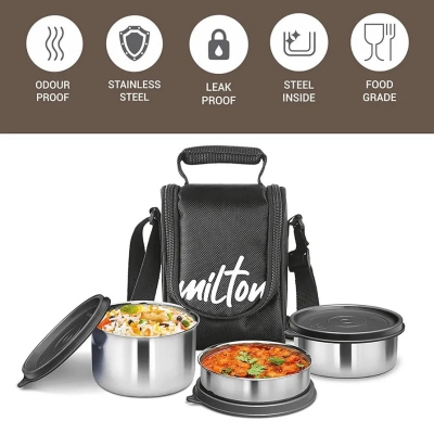 Picture of Milton Tasty 4 Stainless Steel Lunch Box with bag, black  3 in 1. 200,320 & 500 ml-Black