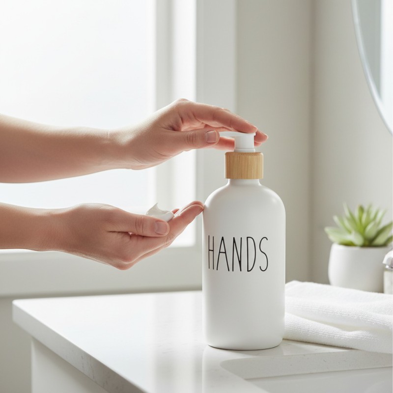 Picture of Premium white glass refillable soap dispenser set for hands and dishes featuring a coordinated kitchen look with durable pumps perfect for enhancing your sink vanity decor with elegant and modern style.-white