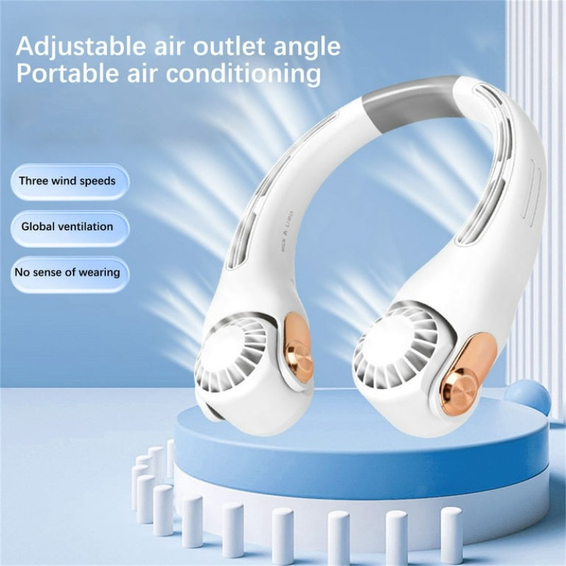 Picture of Portable Bladeless Neck Fan Rechargeable Hands Free Personal Cooling Device with 360 Degree Airflow Quiet Powerful Motor USB Powered Wearable Fan for Outdoor Sports Travel Office Home Use White and Gold.-Multicolor