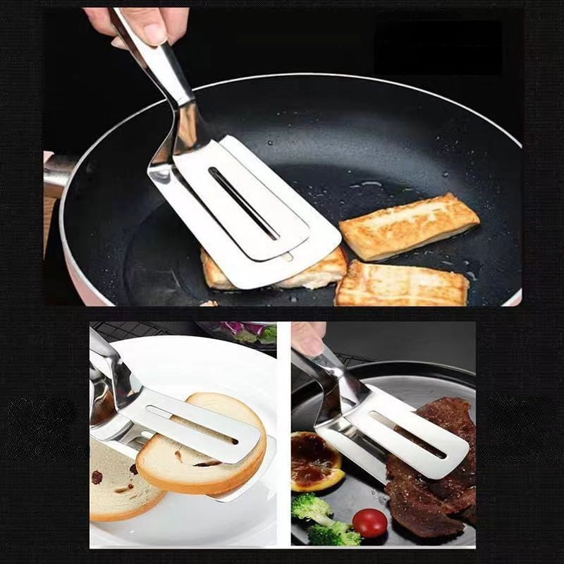 Picture of 1 pcs Stainless Steel Double-Sided Shovel Clip Anti-Scald BBq Barbecue Tong Fried Steak Shovel Fried Fish Shovel Vegetable Clamp Tool-Silver