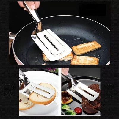 Picture of 1 pcs Stainless Steel Double-Sided Shovel Clip Anti-Scald BBq Barbecue Tong Fried Steak Shovel Fried Fish Shovel Vegetable Clamp Tool-Silver
