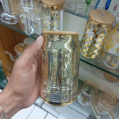 Picture of Printed Glass Tumbler with Lid – 1Pc 400ml Can Shaped Borosilicate Glass with Bamboo Lid & Glass Straw – Perfect for Coffee, Juice & More – Lightweight & Scratch Resistant-golden