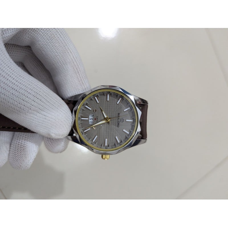Picture of Premium Men's Watch featuring a Textured Gray Dial and Genuine Brown Leather Strap, designed with Luxury Analog Display, Date Function, Stainless Steel Case, and Elegant Business Casual Style for Modern Gentlemen.-Chocolate