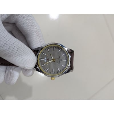 Picture of Premium Men's Watch featuring a Textured Gray Dial and Genuine Brown Leather Strap, designed with Luxury Analog Display, Date Function, Stainless Steel Case, and Elegant Business Casual Style for Modern Gentlemen.-Chocolate