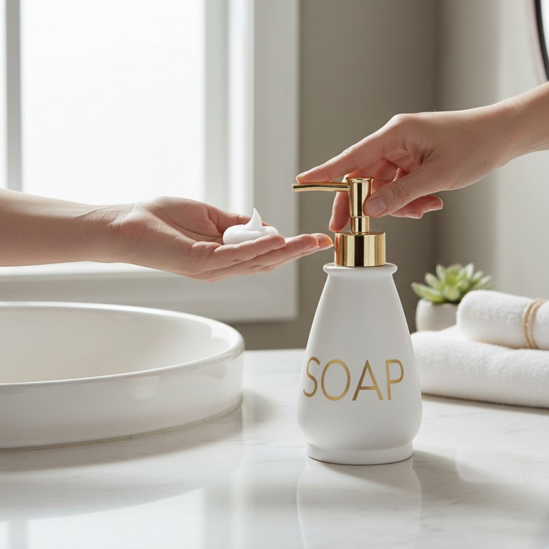 Picture of Luxury white glass liquid soap dispenser featuring a premium gold-colored pump and decorative SOAP gold lettering perfect for enhancing your bathroom vanity decor or modern kitchen sink countertop with elegant style.-white