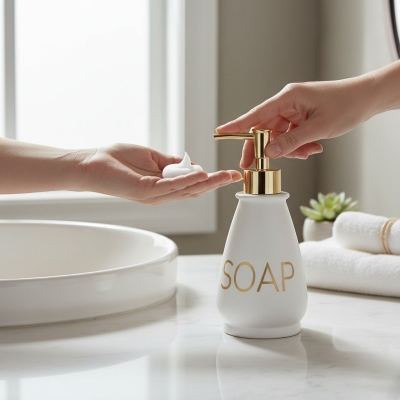 Picture of Luxury white glass liquid soap dispenser featuring a premium gold-colored pump and decorative SOAP gold lettering perfect for enhancing your bathroom vanity decor or modern kitchen sink countertop with elegant style.-white