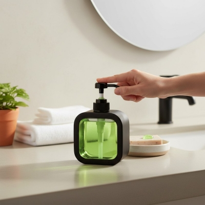 Picture of Modern Black square-shaped plastic soap dispenser featuring a clean exterior shell and a clear internal window for easy liquid level monitoring perfect for enhancing your bathroom vanity or modern kitchen sink decor.-black