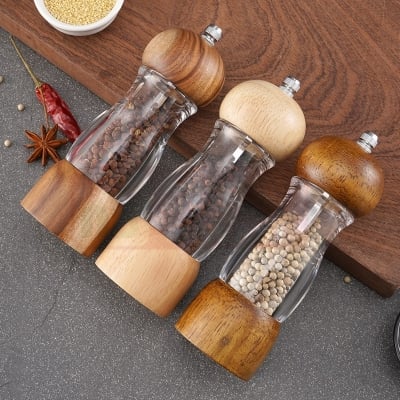 Picture of 1pcs Pepper Mill Salt and Pepper Mill Wood Adjustable with Ceramic Spice Mill Classic Pepper Mill Suitable for Pepper, Sea Salt and Spice-Multicolor