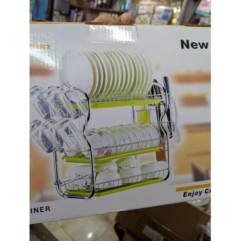 Picture of Premium 3-Tier Stainless Steel Kitchen Dish Drying Rack with Green Drip Trays, Utensil Holder, and Glass Hangers – Heavy Duty, Rust-Proof Tableware Organizer and Space-Saving Countertop Drainer for Bowls, Plates, and Cups-Multicolor
