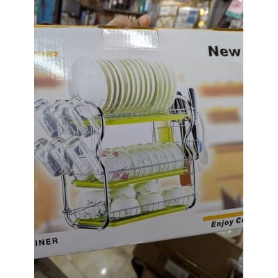 Picture of Premium 3-Tier Stainless Steel Kitchen Dish Drying Rack with Green Drip Trays, Utensil Holder, and Glass Hangers – Heavy Duty, Rust-Proof Tableware Organizer and Space-Saving Countertop Drainer for Bowls, Plates, and Cups-Multicolor