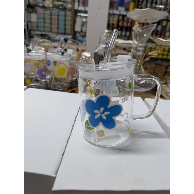 Picture of Floral Design Premium Glass Jar Mug with Handle, Airtight Leak-Proof Lid, and Reusable Straw for Coffee, Milkshakes, Juice, or Water; Elegant Heat-Resistant Borosilicate Drinkware Container Perfect for Stylish Home and Gift.-Multicolor