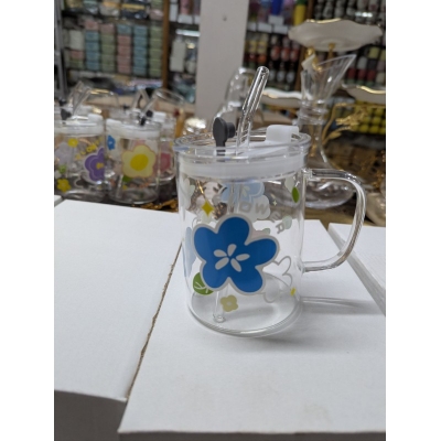 Picture of Floral Design Premium Glass Jar Mug with Handle, Airtight Leak-Proof Lid, and Reusable Straw for Coffee, Milkshakes, Juice, or Water; Elegant Heat-Resistant Borosilicate Drinkware Container Perfect for Stylish Home and Gift.-Multicolor
