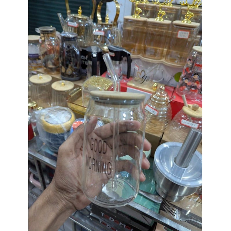 Picture of Good Morning Glass Mug with Airtight Bamboo Lid and Reusable Glass Straw 16oz Borosilicate Coffee Tumbler Heat Resistant Drinking Cup for Juice Smoothies Iced Coffee Milk and Versatile Daily Household Beverage Use-Multicolor