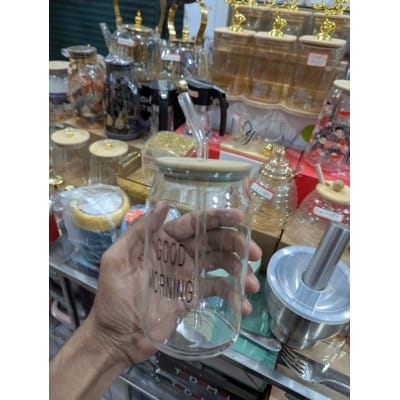Picture of Good Morning Glass Mug with Airtight Bamboo Lid and Reusable Glass Straw 16oz Borosilicate Coffee Tumbler Heat Resistant Drinking Cup for Juice Smoothies Iced Coffee Milk and Versatile Daily Household Beverage Use-Multicolor
