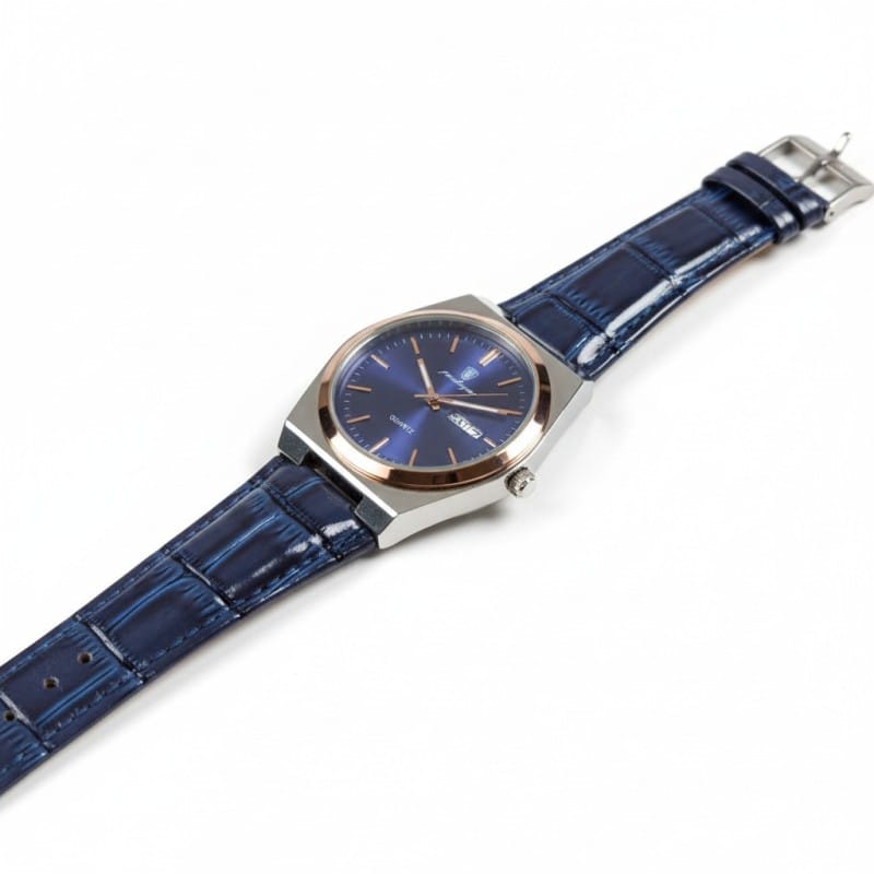Picture of Men's Luxury Fashion Quartz Watch with Premium Blue Leather Strap, Waterproof Luminous Calendar Display, and Elegant Rose Gold Bezel Design for Sophisticated Business Professionalism and Everyday Classic Style Wear.-Blue