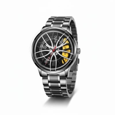 Picture of Creative Design Rotation Dial Watch For Men Features A Unique Car Wheel Rim Hub Design With Stainless Steel Band And 3ATM Waterproof Depth Perfect For Sports And Automotive Fashion Enthusiasts Worldwide.-Black