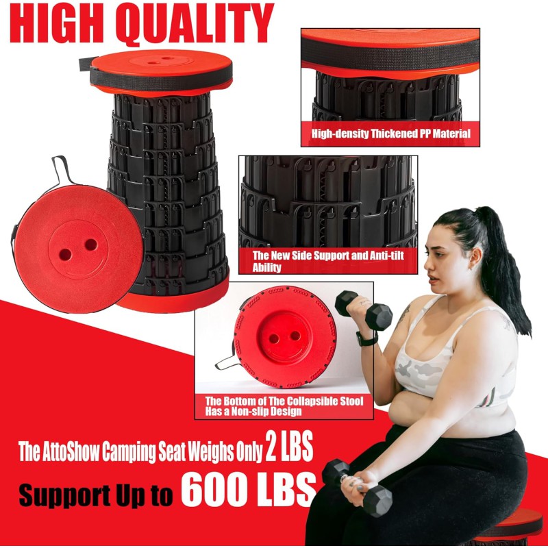 Picture of 1PCS Stretchable Foldable Stool – Adjustable Height Round Plastic Chair, Portable Lightweight Design, 330LB Capacity, Ideal for Home, Camping, Fishing, Outdoor Travel, Black-red