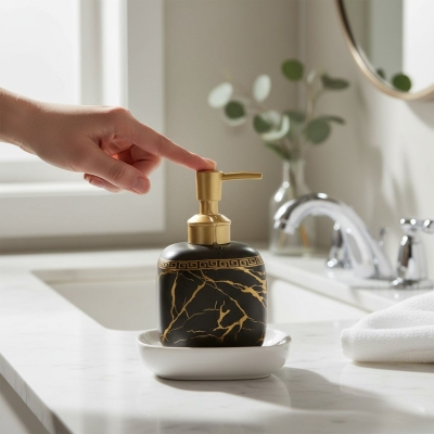 Picture of Luxury black marble ceramic soap dispenser featuring a stunning gold Greek key pattern around the neck and a premium gold pump perfect for enhancing your sophisticated bathroom vanity or modern kitchen decor.-black