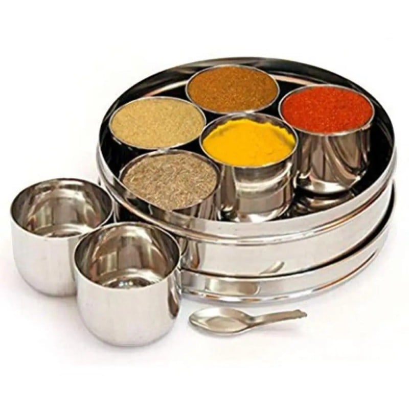 Picture of Premium Stainless Steel Masala Dabba Spice Box with 7 Containers and Airtight Transparent Lid for Modern Kitchen Organization, Perfect for Storing Indian Spices, Herbs, and Dry Fruits with Long-lasting Freshness Today.-Silver