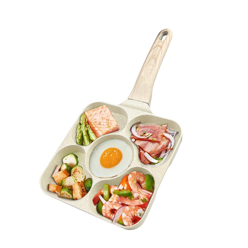 Picture of Premium Non-Stick 5-Hole Egg Frying Pan and Pancake Maker with Granite Coating, Multi-Sectional Divided Breakfast Skillet for Even Heat Distribution, Heart-Shaped Molds, and Ergonomic Wood Handle, Compatible with Induction and Gas Stoves.-Multicolor