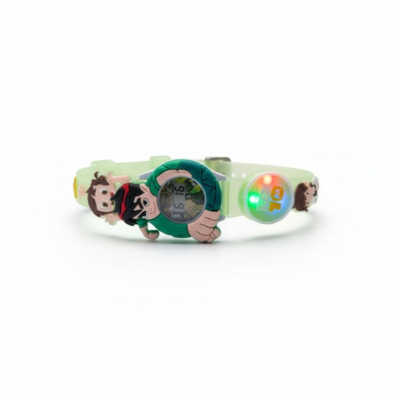 Picture of Ben 10 Kids Digital Watch featuring colorful LED flashing lights and a 3D cartoon character design for boys, with an adjustable silicone strap, durable build, and easy-to-read numeric display for gifts.-Multicolor