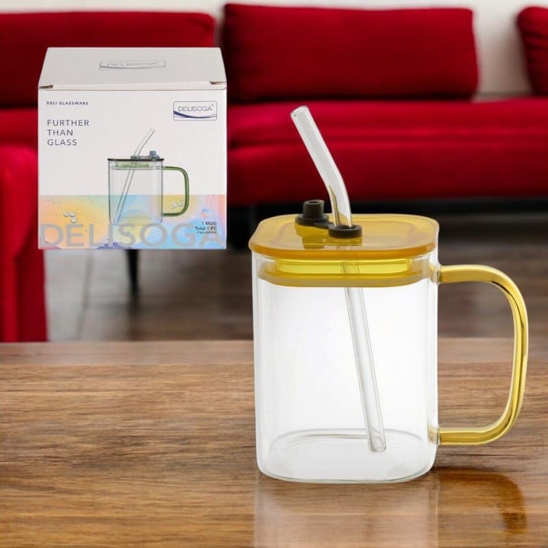 Picture of Clear 490ml Square Glass Cup with Colorful Handle, Acrylic Lid & Straw - Borosilicate Glass Milk Juice Tumbler Coffee Mug - Microwave Safe, Scratch Resistant - 1PCS.-green