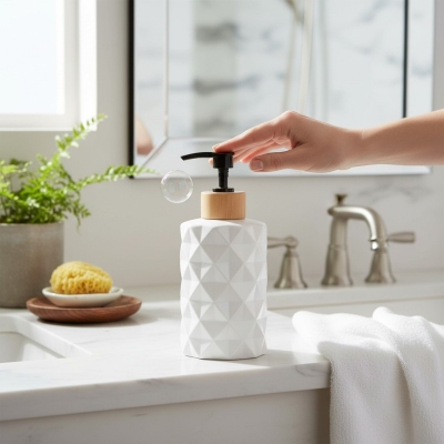Picture of Premium white ceramic refillable soap dispenser for bathroom or kitchen sink use featuring a durable pump mechanism perfect for holding liquid hand soap and lotions in your modern home decor setup today.-white