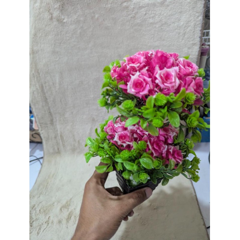 Picture of Premium Two-Tier Pink Artificial Rose Bonsai Tree in Black Decorative Pot for Home and Office Table Decor-Multicolor
