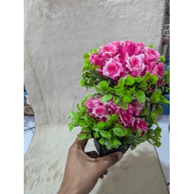 Picture of Premium Two-Tier Pink Artificial Rose Bonsai Tree in Black Decorative Pot for Home and Office Table Decor-Multicolor