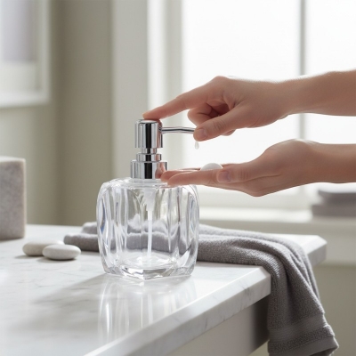 Picture of Premium Marsella white solid acrylic soap dispenser featuring a sleek chrome-finished pump mechanism perfect for enhancing your bathroom vanity decor or modern kitchen sink countertop with a sophisticated and durable touch.-white