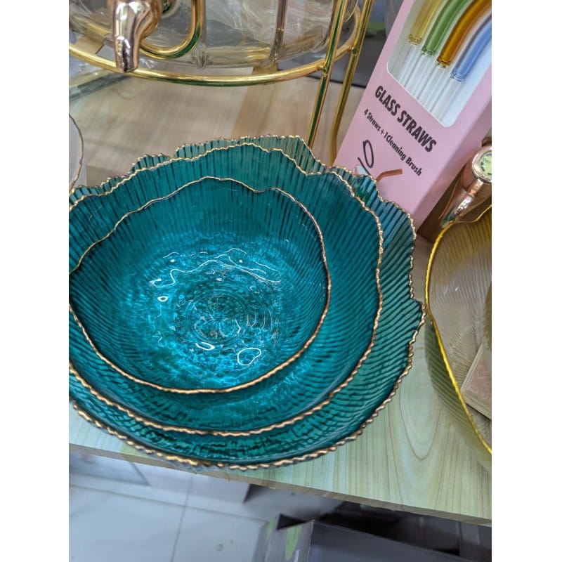 Picture of Premium 3-Piece Golden Rim Glass Serving Bowl Set Featuring Elegant Petal Shaped Flower Design, Vibrant Teal Blue Crystal Glass, and Decorative Wavy Ribbed Texture for Stylish Salads, Fruits, Desserts, and Luxury Table Decor-Multicolor
