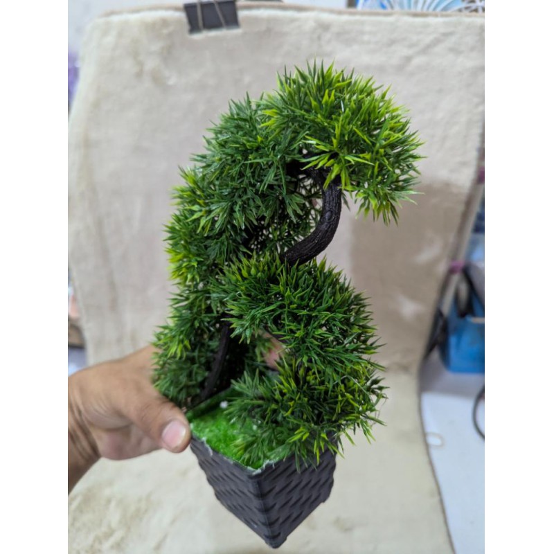 Picture of 10-Inch Green Artificial Bonsai Tree with Unique Elephant Trunk Design in a Stylish Black Plastic Vase-Green