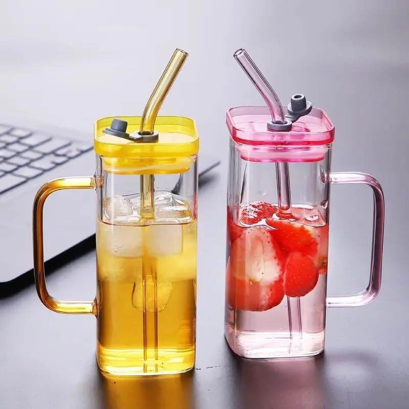 Picture of 400ml Clear Borosilicate Glass Cup with Multicolor Handle, Acrylic Lid, and Straw – Microwave Safe, Scratch Resistant, Lightweight – Perfect for Milk, Juice, Coffee – 1PCS.-pink