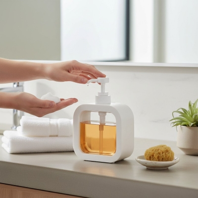 Picture of Modern white square-shaped plastic soap dispenser featuring a clean exterior shell and a clear internal window for easy liquid level monitoring perfect for enhancing your bathroom vanity or modern kitchen sink decor.-white