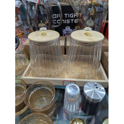 Picture of Premium Airtight Glass Storage Canister Set with Natural Wooden Lids & Crystal Knobs, Displayed on a Coordinated Bamboo Serving Tray-Multicolor