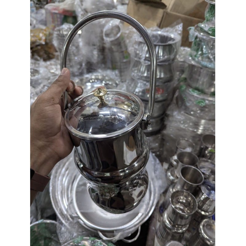 Picture of Premium High-Gloss Mirror Finish Stainless Steel Milk Pot Barni Featuring Elegant Floral Engraving and Decorative Brass Knob Lid Ideal for Hygienic Storage of Fresh Milk Ghee Oil and Kitchen Liquid Items.-Multicolor